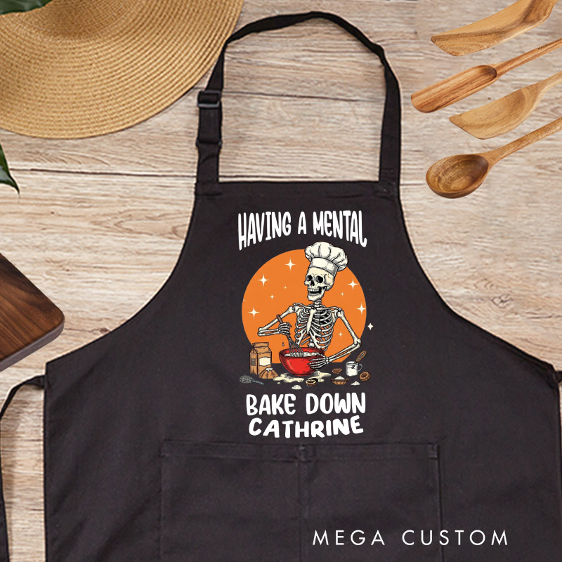 Personalized Having a Mental Bake Down Halloween Skeleton Apron with Pocket Kitchen Gift For Bakers with Name Baking Lover Gift