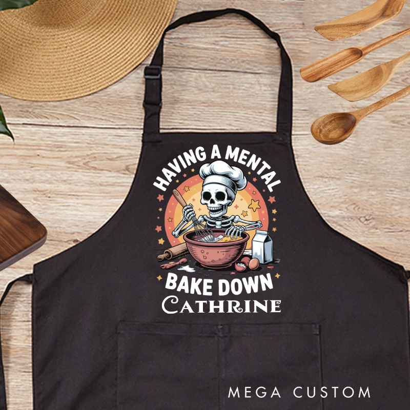 Personalized Having a Mental Bake Down Skeleton Apron Halloween Skeleton Baker with Pocket Kitchen Gift For Bakers Baking Lover Gift