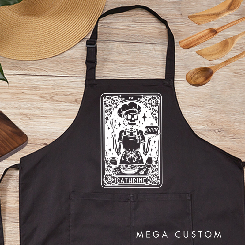 Personalized Skeleton Baker Tarot Apron Halloween Gothic Spooky Baker with Pocket Kitchen Gift For Bakers Baking Lover Gift