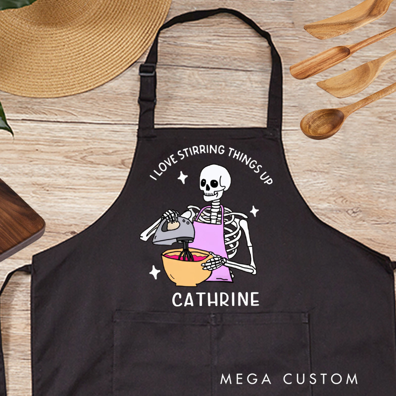 Personalized I Love Stirring Things Up Apron Halloween Skeleton Baker Apron with Pocket Kitchen Gift For Bakers Baking Lover Gift