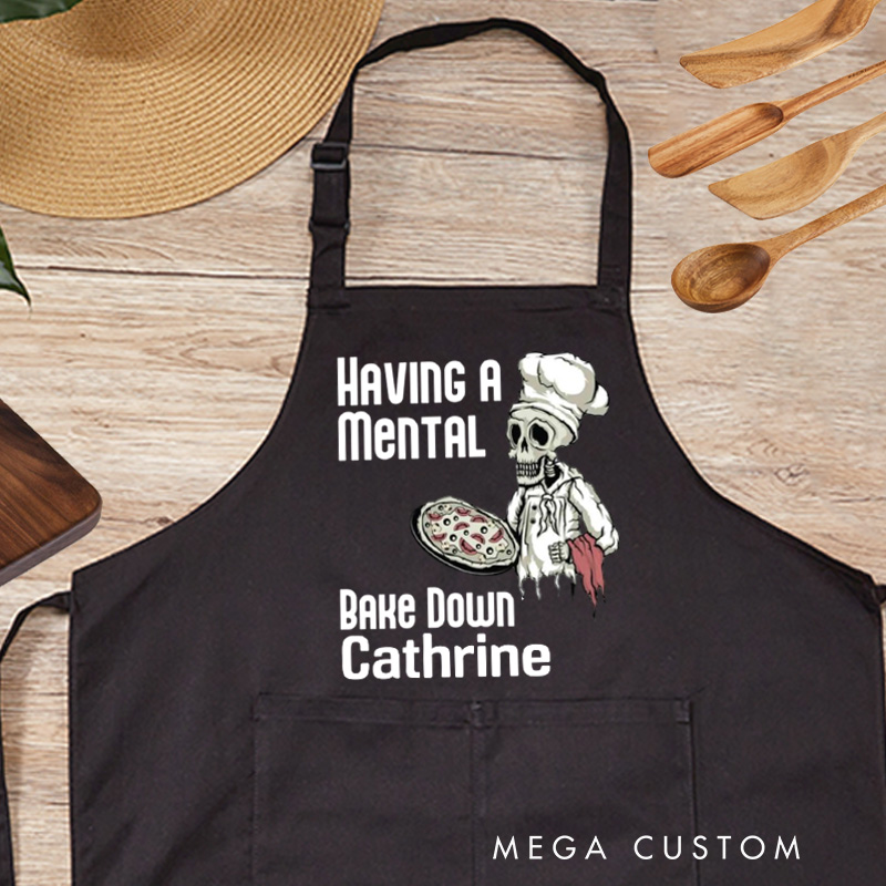 Personalized Having a Mental Bake Down Apron Halloween Skeleton Baker Apron with Name Halloween Baking Apron for Baking Lover Gift