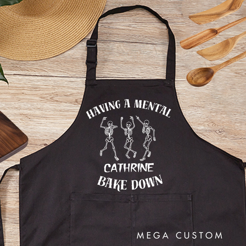 Personalized Mental Bake Down Apron Halloween Skeleton Baker Apron with Name Spooky Baking Apron for Baking Lover Gift