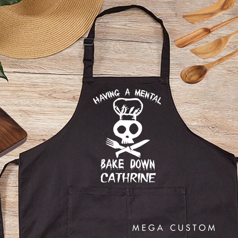 Personalized Having a Mental Bake Down Halloween Apron Skeleton Baker Apron Spooky Custom Baking Apron with Name for Baking Lover Gift