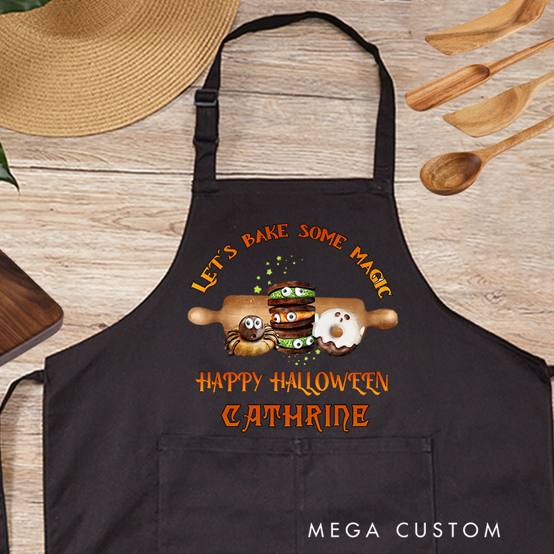 Personalized Let's Bake Some Magic Apron Happy Halloween Apron Custom Spooky Baking Apron with Name for Baking Lover Gift