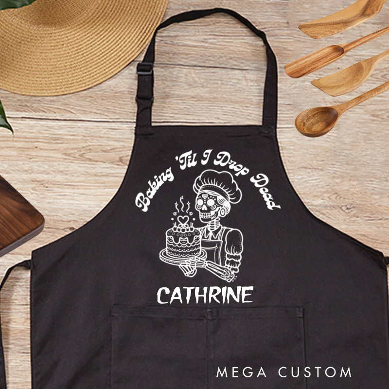 Personalized Baking Til I Drop Dead Apron Custom Halloween Skeleton Apron with Name Spooky Baking Apron for Baking Lover Gift