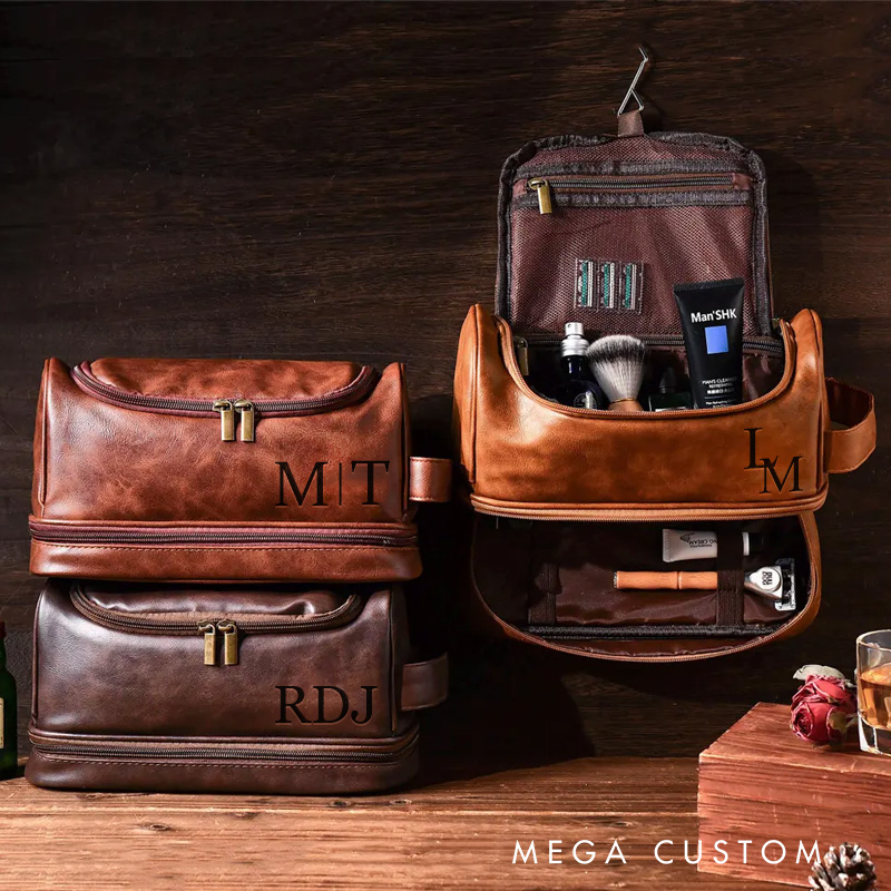 Personalized Classic British Graphic Hanging Leather Dopp Kit Art Lover Mens Leather Toiletry Bag Engraved Dopp Bag Gift For Men