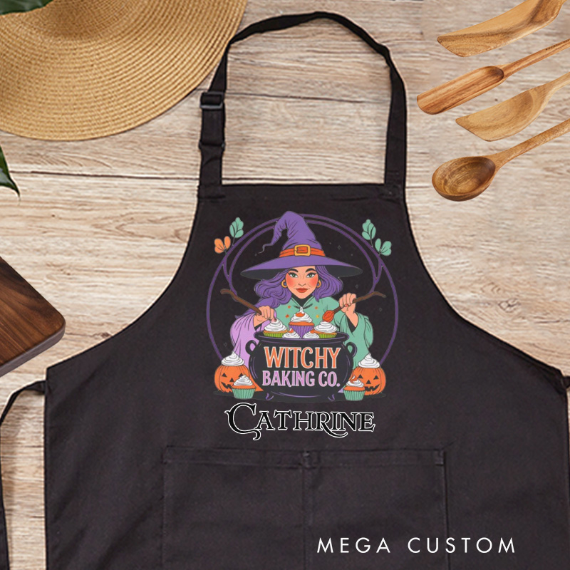 Personalized Witchy Baking Apron Custom Witchy Baker Apron with Name Halloween Apron with Pocket for Baking Lover Gift