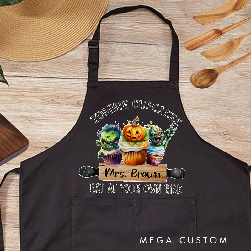 Personalized Welcome to My Kitchen Apron Custom Zombie Cupcakes Baker Apron with Name Halloween Horror Apron with Pocket for Baking Lover Gift