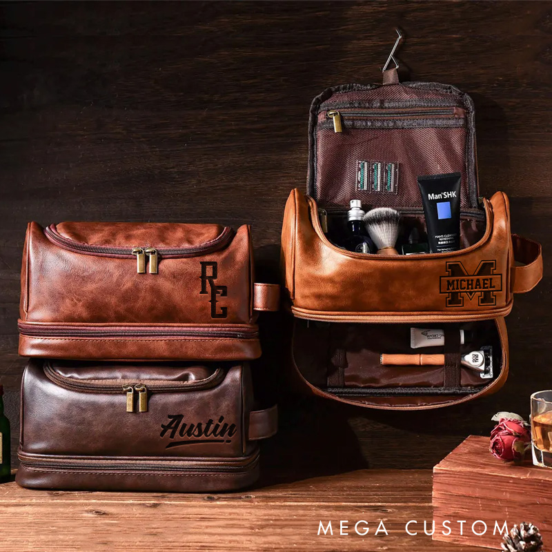 Personalized Classic American Graphic Hanging Leather Dopp Kit Art Lover Mens Leather Toiletry Bag Engraved Dopp Bag Gift For Men