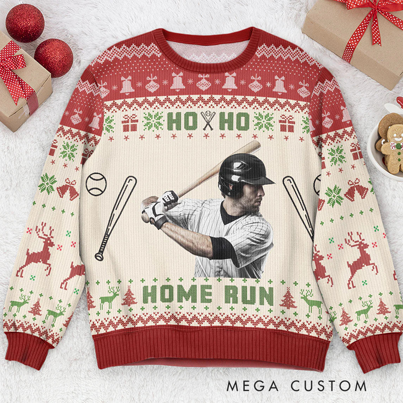 Personalized Baseball Ho Ho Home Run Ugly Sweatershirt with Custom Photo 