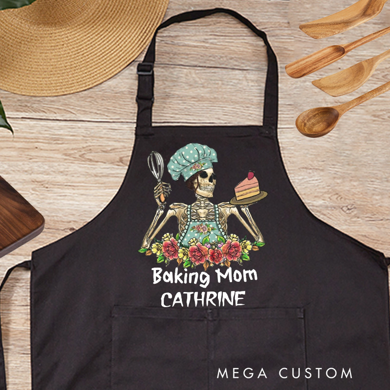 Personalized Skeleton Mom Apron Custom Baking Mom Apron with Name Halloween Skeleton Baking Apron with Pocket for Baking Lover Gift