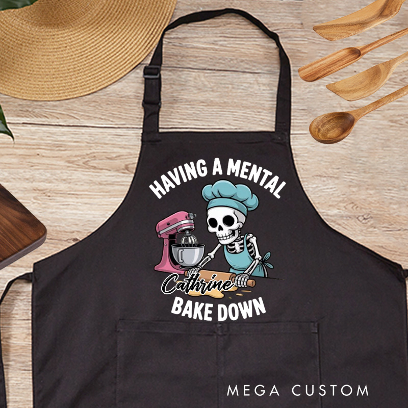Personalized Having a Mental Bake Down Skeleton Baking Apron Baker Apron with Name Halloween Apron with Pocket for Baking Lover Gift