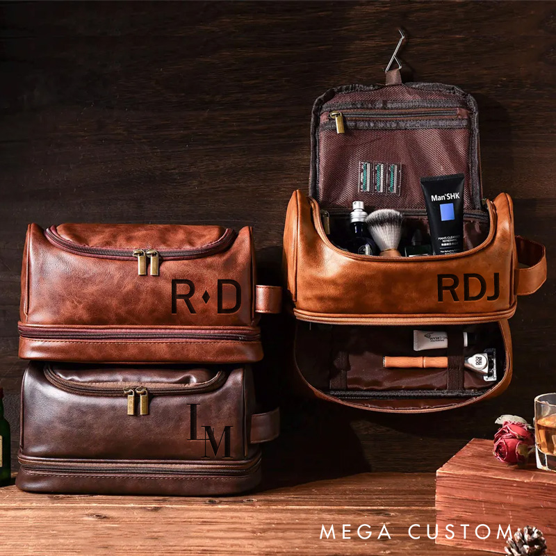 Personalized Classic Modern Graphic Hanging Leather Dopp Kit Art Lover Mens Leather Toiletry Bag Engraved Dopp Bag Gift For Men