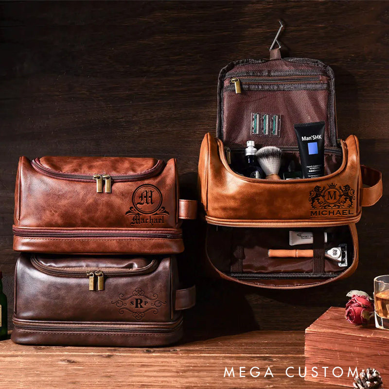 Personalized Barocco Graphic Hanging Leather Dopp Kit Art Lover Mens Leather Toiletry Bag Engraved Dopp Bag Gift For Men