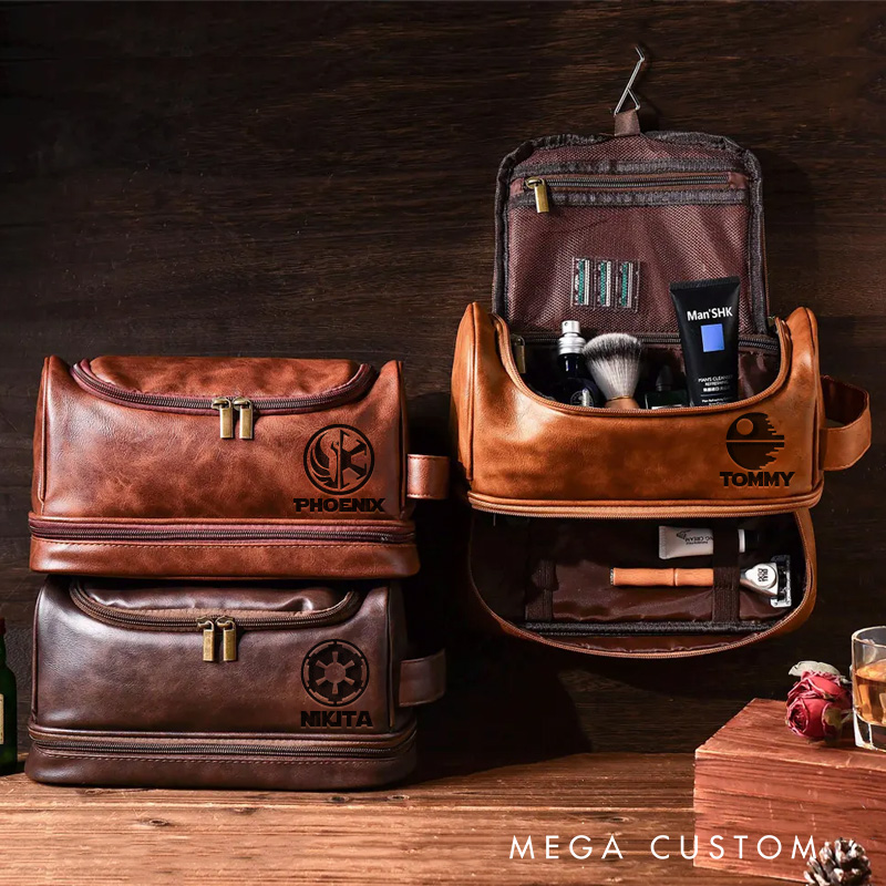 Personalized Planet Movie Hanging Leather Dopp Kit Galaxy War Film Mens Leather Toiletry Bag Engraved Dopp Bag Gift For Men