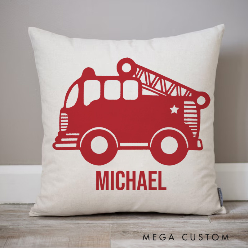 Personalized Firefighter Pillow Red Fire Truck Design Appreciation Gift for Firemen