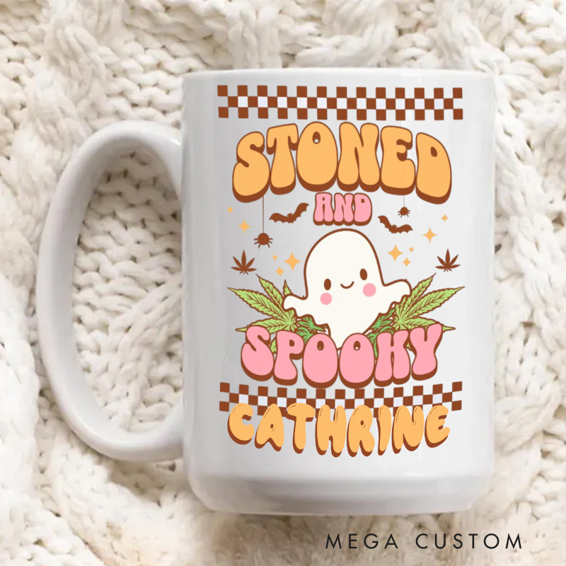 Personalized Stoned and Spooky Mugs Halloween Ceramic Mug with Name Ghost and Pumpkin Coffee Mug for Baking Lover Gift