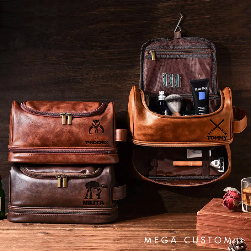 Personalized Spaceship Movie Hanging Leather Dopp Kit Galaxy War Film Mens Leather Toiletry Bag Engraved Dopp Bag Gift For Men