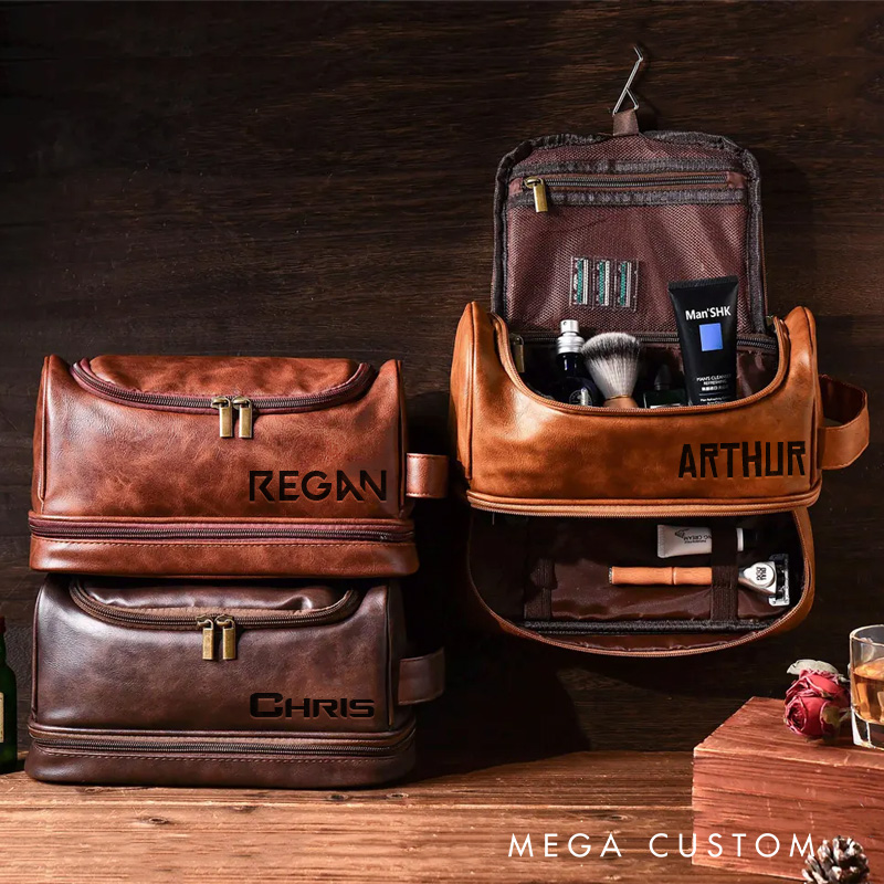 Personalized Game Inspired Hanging Leather Dopp Kit Gamer Mens Leather Toiletry Bag Engraved Dopp Bag Gift For Men