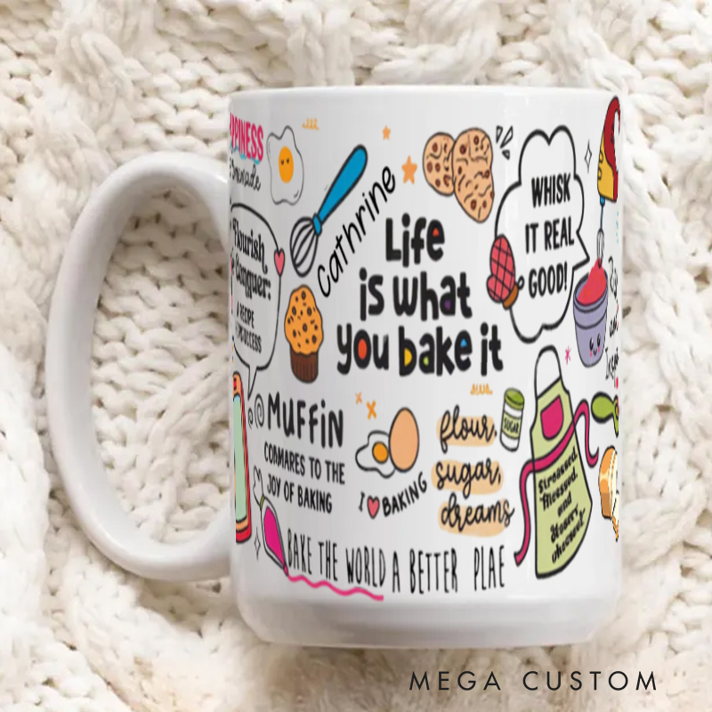 Personalized Life is What you Bake It Mugs Custom Baking Lovers Mug with Name Ceramic Baking Recipe Coffee Mug for Baking Lover Gift