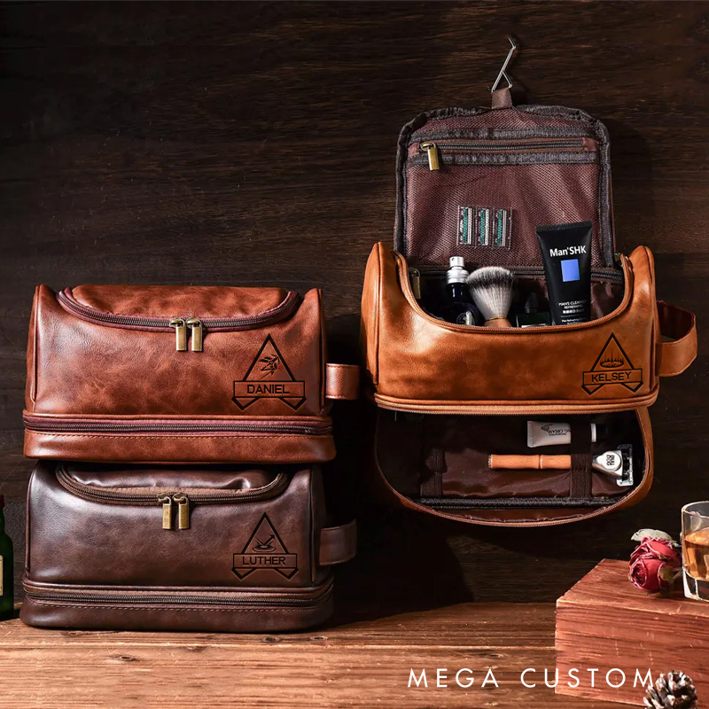 Personalized Battle Royal Game Inspired Hanging Leather Dopp Kit Gamer Mens Leather Toiletry Bag Engraved Dopp Bag Gift For Men