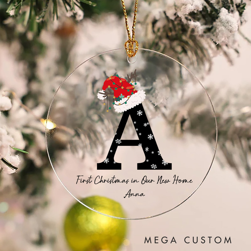 Personalized Christmas Ornament First Christmas in Our New Home Custom Initial Design with Snowflakes and Santa Hat Perfect Holiday Decoration or Gift