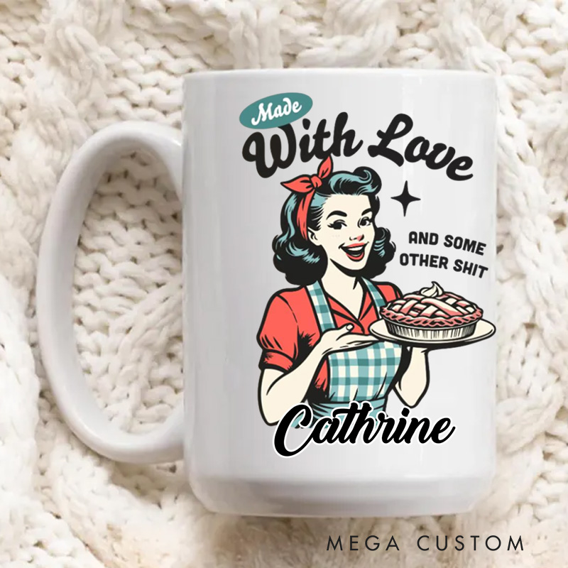 Personalized Made with Love Mugs Retro Pie Maker Coffee Mug with Name Vintage Baker Coffee Cup for Baking Lover Gift