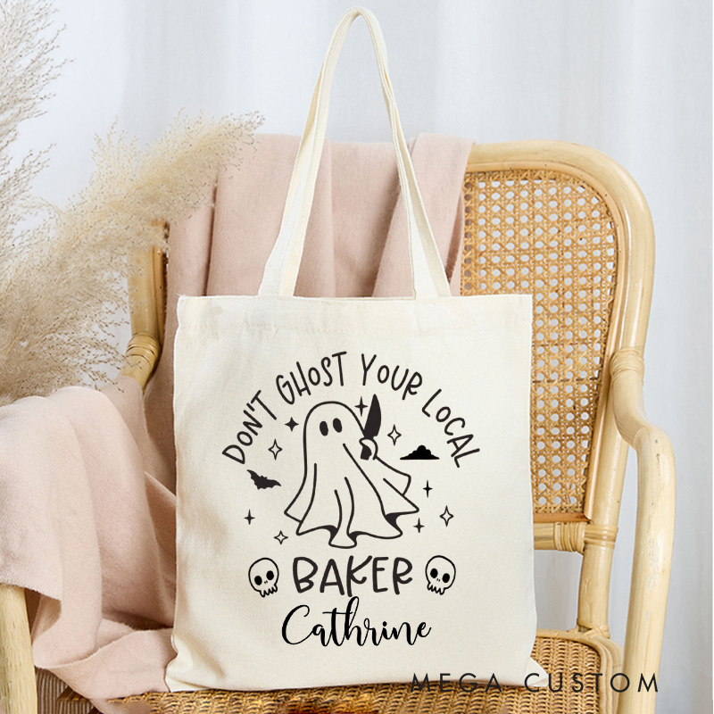 Personalized Don't Ghost Your Local Baker Tote Bag Custom Ghost Baking Canvas Bag with Name Spooky Baker Tote for Baking Lover Gift