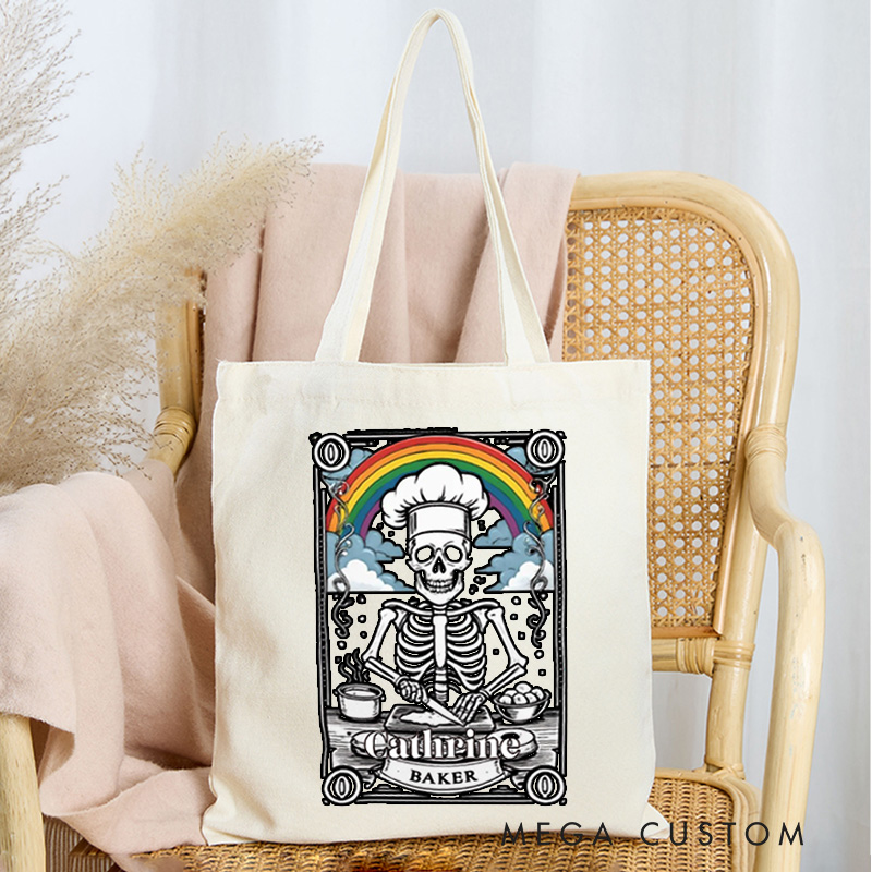 Personalized Baker Skeleton Gay Pride Tote Bag Custom LGBT Rainbow Baker Canvas Bag with Name Spooky Baker Tote for Baking Lover Gift