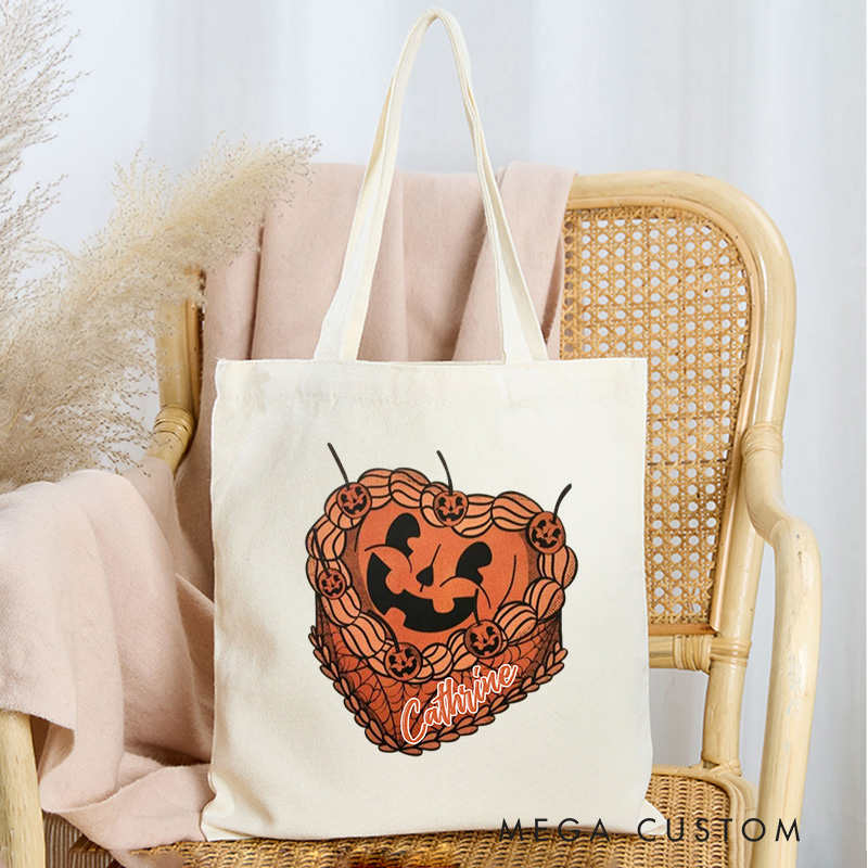 Personalized Girly Pumpkin Cake Tote Bag Custom Halloween Girly Baker Canvas Bag with Name Cake Baker Tote for Baking Lover Gift