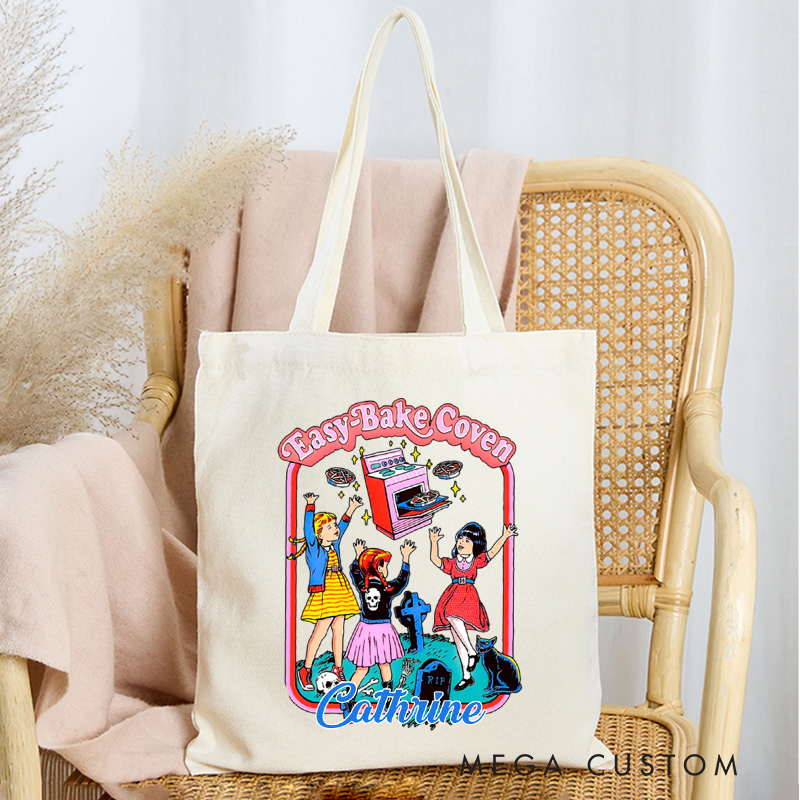 Personalized Easy Bake Coven Tote Bag Custom Trick or Treat Canvas Bag with Name Spooky Baking Tote for Baking Lover Gift
