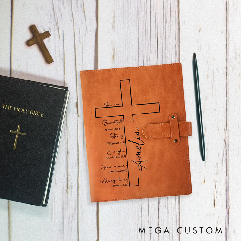 Personalized Cross Bible Verse Portable A5 Leather Notebook Cover with Pocket Birthday Religious Baptism Gift for Family Friends Christians