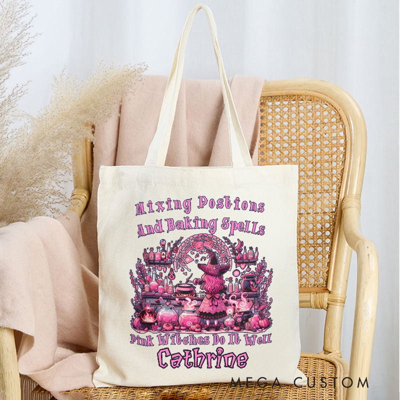 Personalized Mixing Postions and Baking Spell Tote Bag Custom Pink Witch Halloween Bag with Name Baking Tote for Baking Lover Gift
