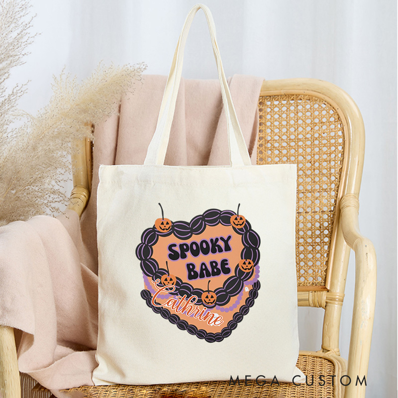 Personalized Spooky Babe Tote Bag Custom Halloween Spooky Cake Bag with Name Goth Pumpkin Cake Bag for Baking Lover Gift