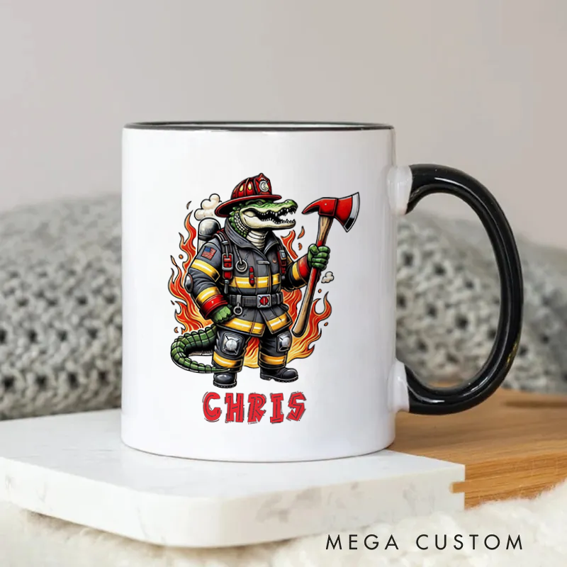 Personalized Firefighter Mug Alligator Firefighter Cartoon Design with Axe and Flames Coffee Mug Gift for Firefighters