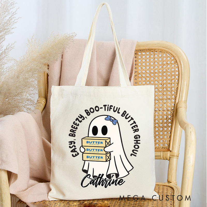 Personalized Easy Breezy Boo-tiful Butter Ghoul Tote Bag Custom Halloween Baking Tote with Name Bakers and Butter Bag Baking Lover Gift