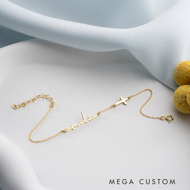 Personalized Women Cross Bracelet with Handwritten Name  Dainty Cross Charm Bracelet Tiny Name Bracelet Religious Gift for Her Mother's Day Gift