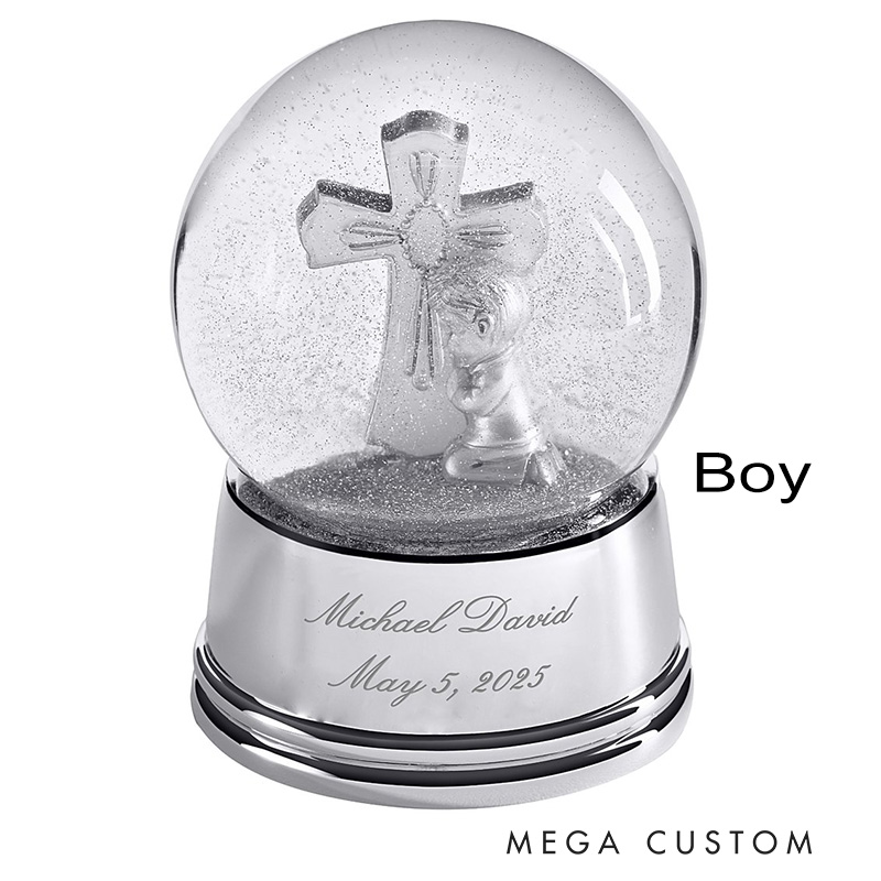 Personalized Silver Cross Praying Child Keepsake Snowglobe with Name and Date Religious Christian Faith Gift