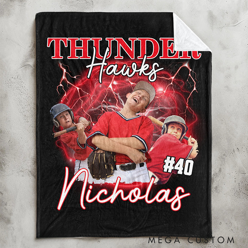 Personalized Thunder and Lightning Baseball Blanket Featuring Your Team and Photos 