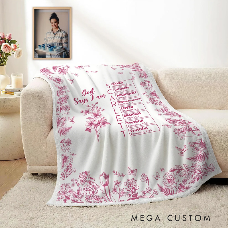 Personalized Toile De Jouy Birth Flower Bible Chapter Name Soft Throw Blanket Baptism Birthday Christmas Gift for Women Christians