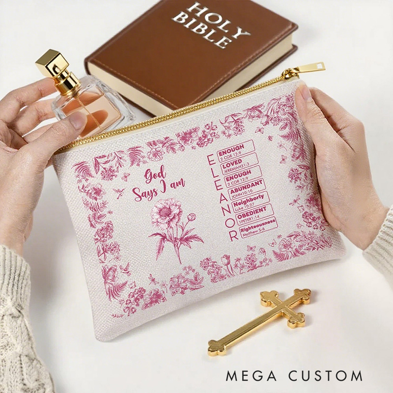 Personalized Toile De Jouy Birth Flower Bible Chapter Name Makeup Bag Baptism Birthday Christmas Gift for Women Christians