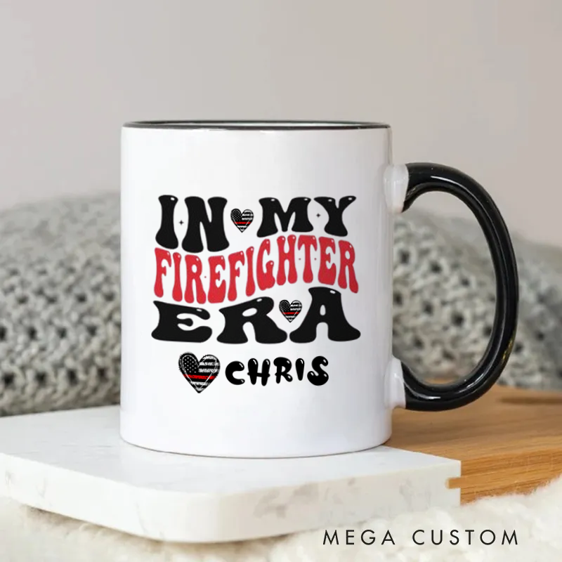 Personalized Firefighter Mug In My Firefighter Era Retro Text Design with Heart and Thin Red Line Elements Coffee Mug Gift for Firefighter