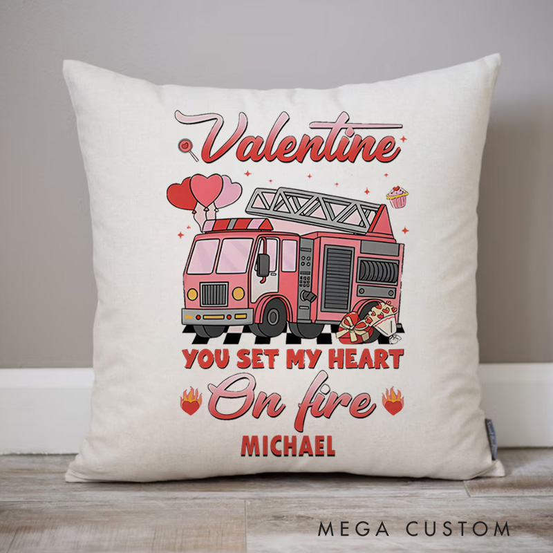 Personalized Firefighter Pillow Valentine You Set My Heart on Fire Design Appreciation Gift for Firemen