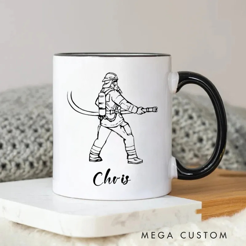 Personalized Firefighter Mug Firefighter with Hose Line Art Design Coffee Mug Gift for Firefighters