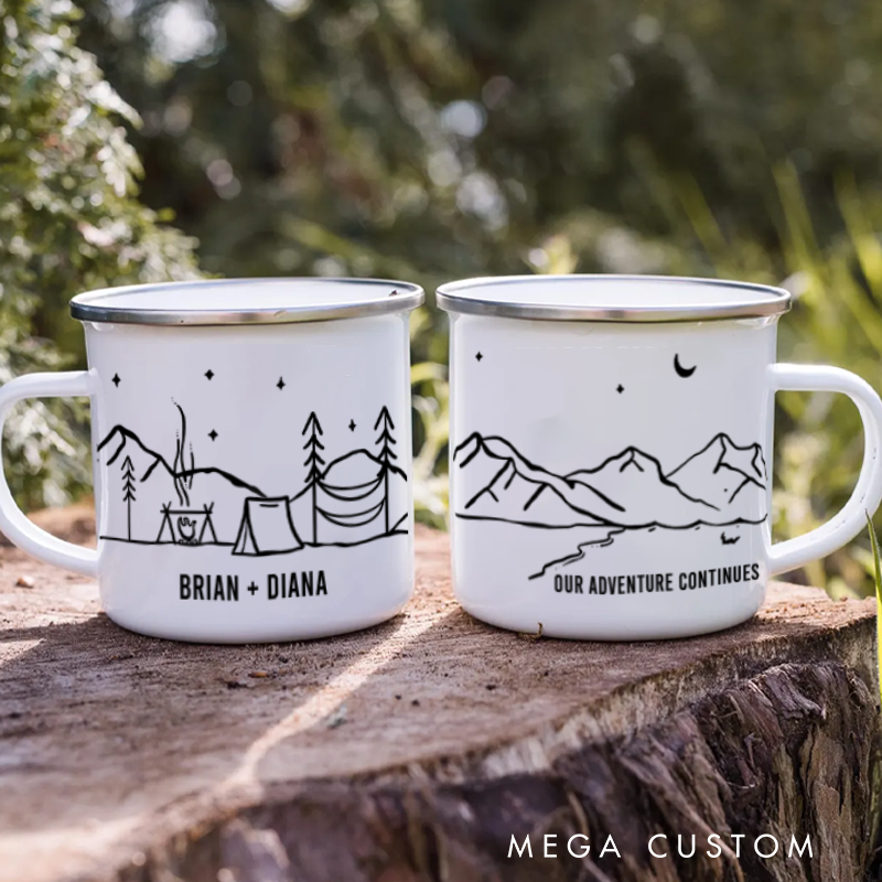 Personalized Camp Mug Custom Couple Mountain Camping Mug Outdoor Adventure Coffee Cup Gift for Camper Hiker Lover