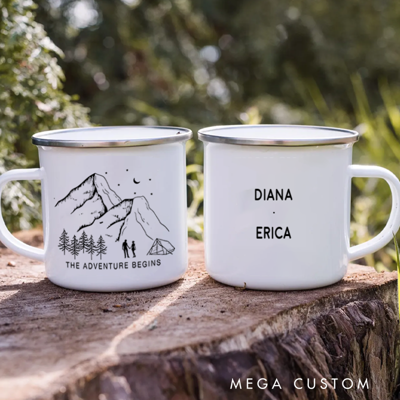 Personalized Mountain Camping Mug Custom Couple Outdoor Adventure Coffee Cup Gift for Nature Hiking Lover