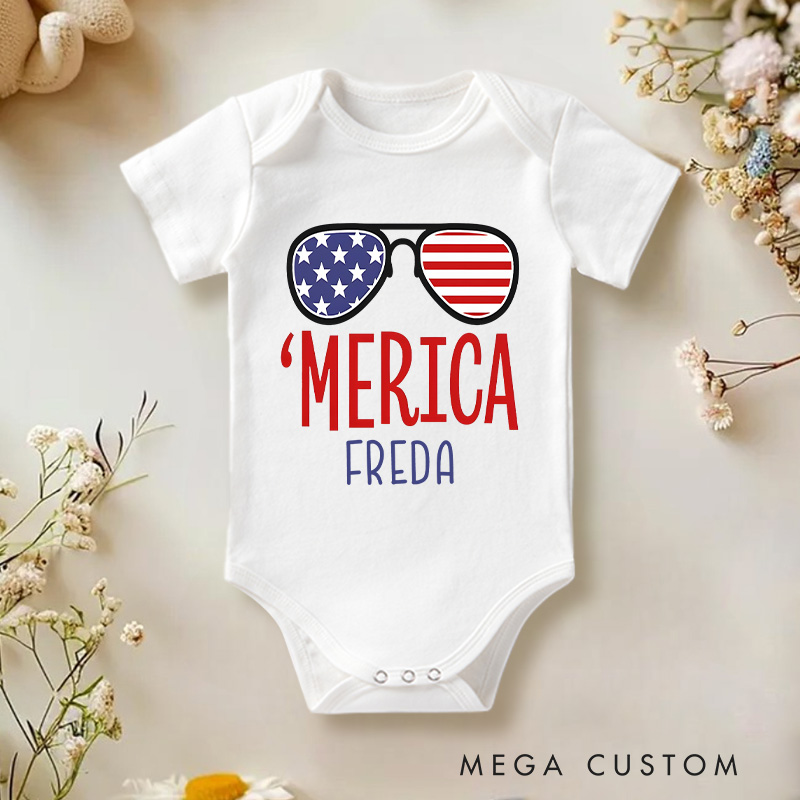 Personalized Merica Glasses Fourth of July Baby Onesie Newborn Baby Gift