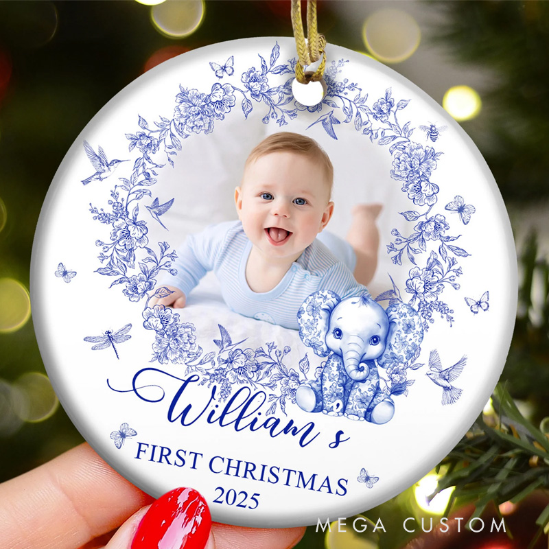 Personalized Baby's First Christmas for Baby Girl Baby Boy Toile De Jouy Ceramic Photo Ornament