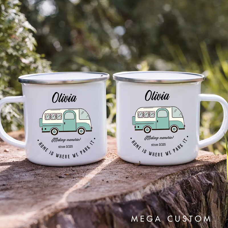 Personalized Campervan Enamel Camp Mug Custom Outdoor Camper Van Coffee Cup Gift for Van Camping Lover