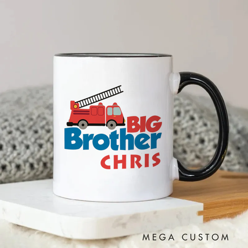 Personalized Firefighter Mug Big Brother Theme with Fire Truck Graphic Coffee Mug Gift for Brother or Siblings